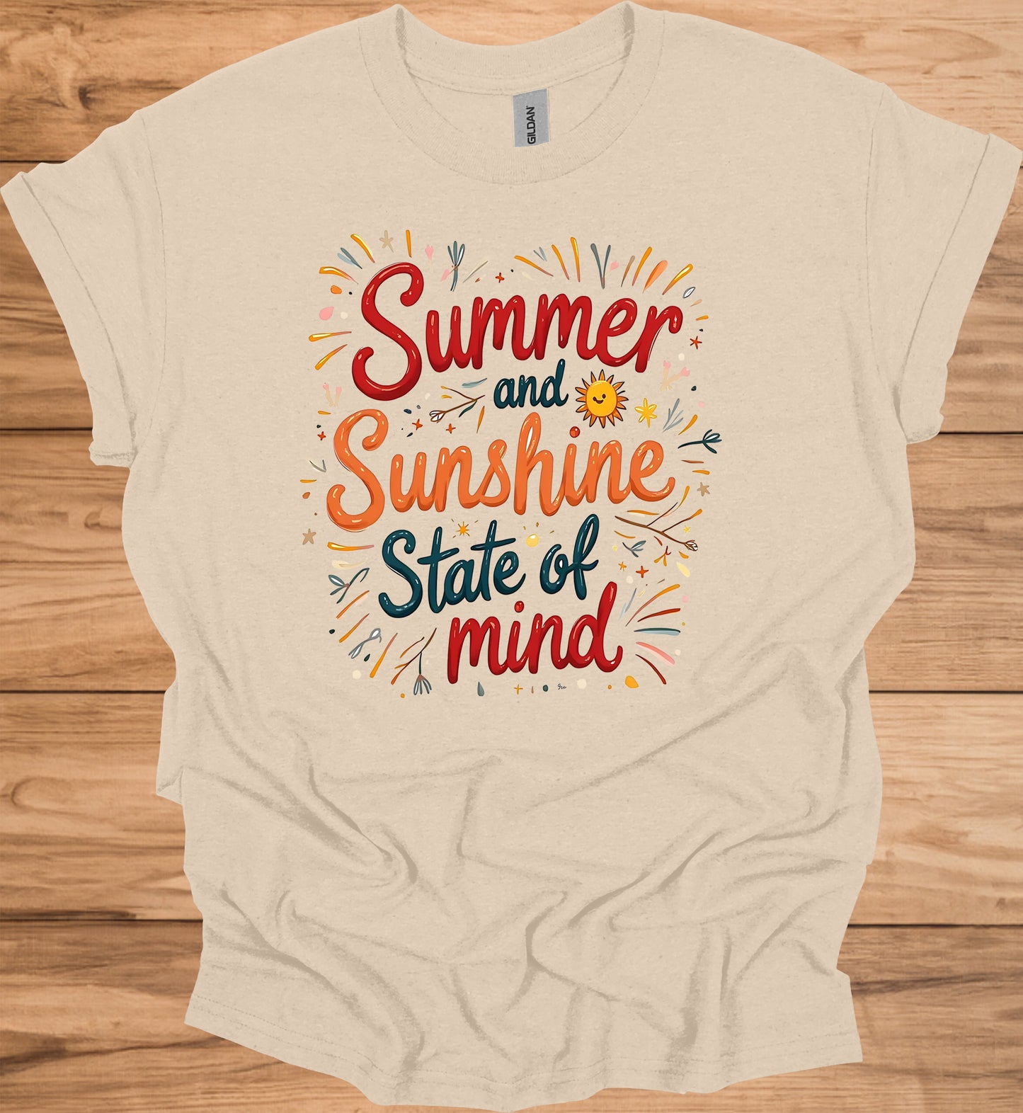 Summer Sunshine State of Mind: Vibrant Typography Art, Whimsical Hand-Drawn Illustrations, Colorful Summer-Themed Design - Graphic Tee Shirt