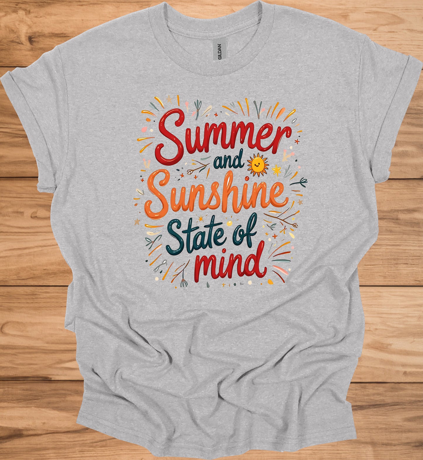 Summer Sunshine State of Mind: Vibrant Typography Art, Whimsical Hand-Drawn Illustrations, Colorful Summer-Themed Design - Graphic Tee Shirt