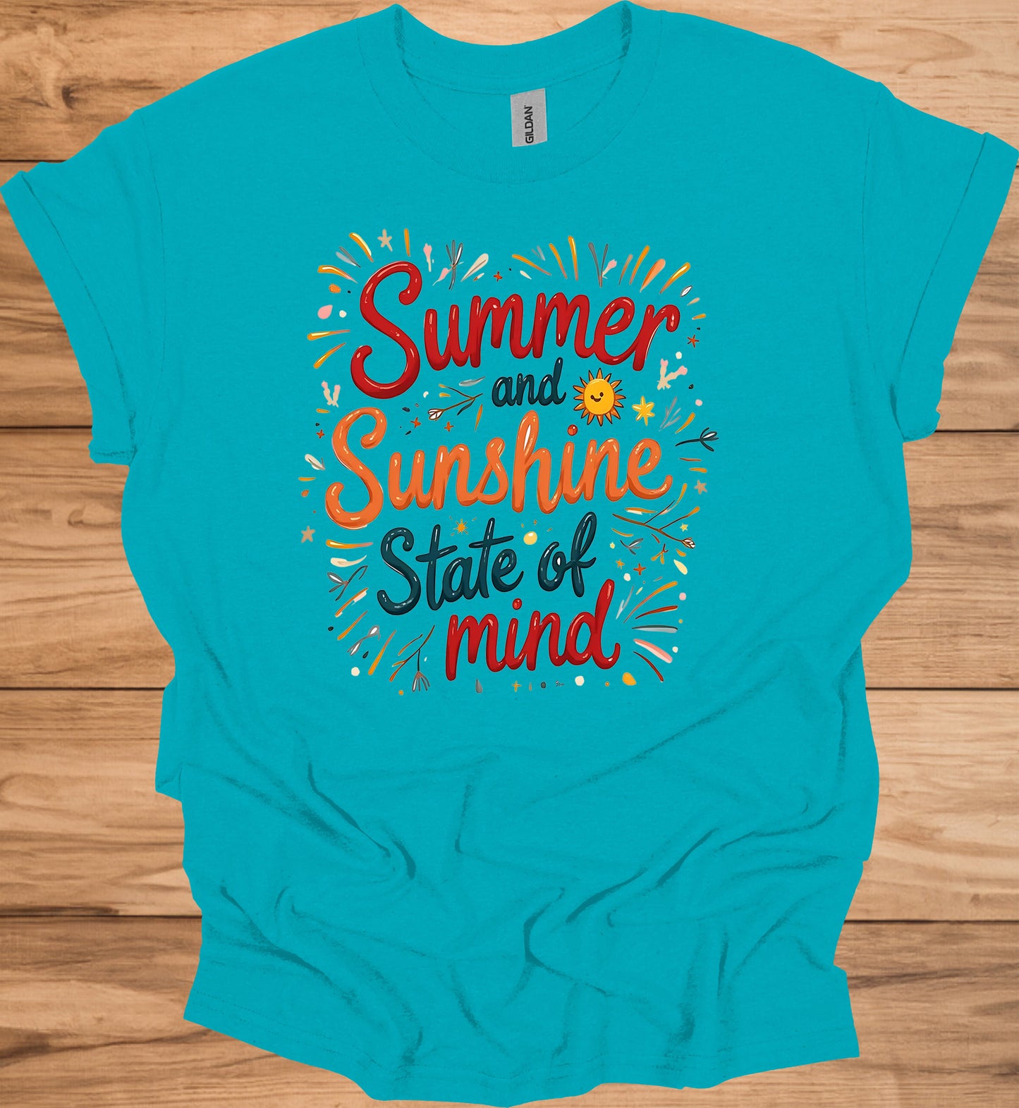 Summer Sunshine State of Mind: Vibrant Typography Art, Whimsical Hand-Drawn Illustrations, Colorful Summer-Themed Design - Graphic Tee Shirt
