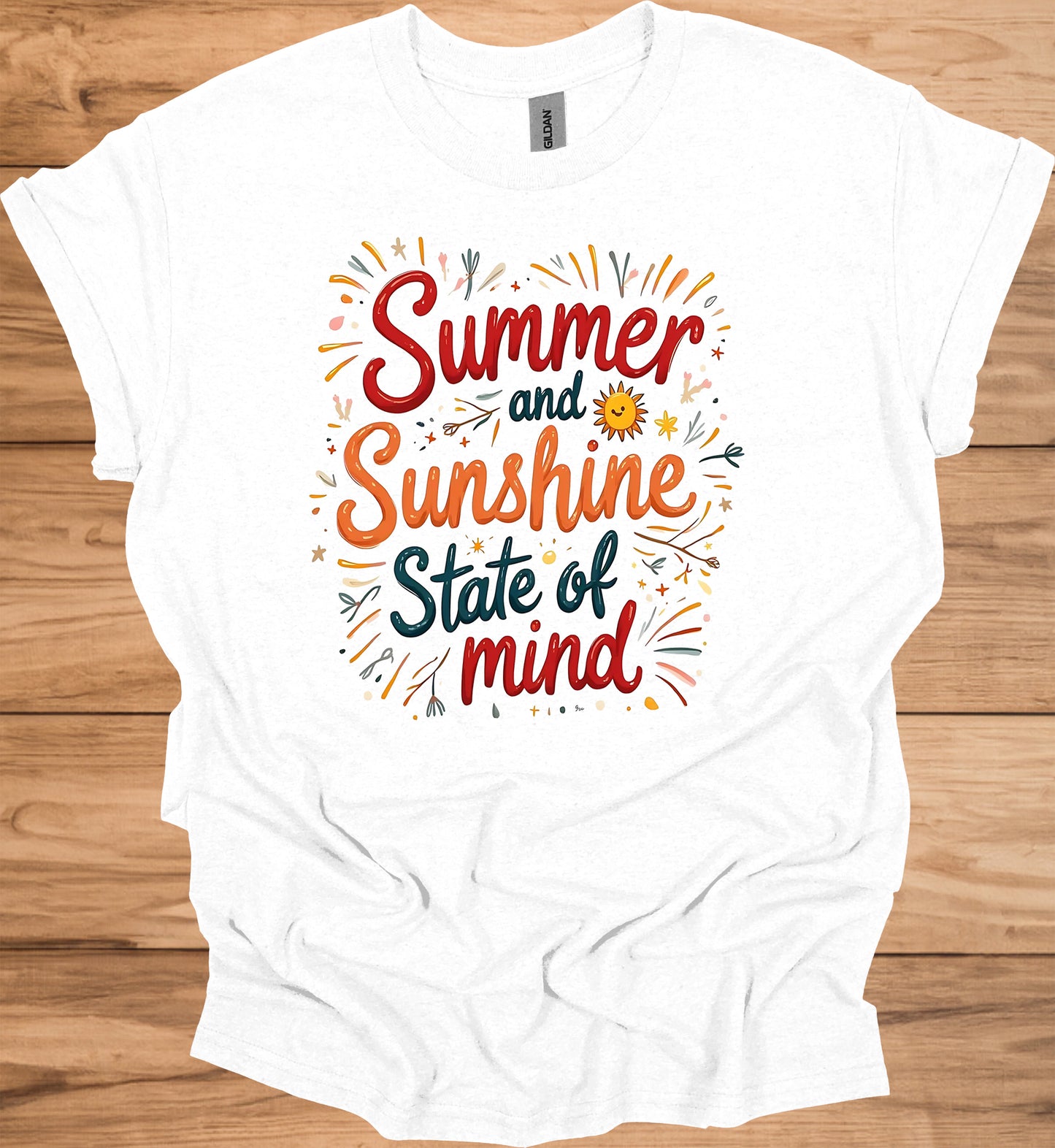 Summer Sunshine State of Mind: Vibrant Typography Art, Whimsical Hand-Drawn Illustrations, Colorful Summer-Themed Design - Graphic Tee Shirt