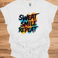 Sweat Smile Repeat: Motivational Fitness Quote, Graffiti Style Typography, Vibrant Colorful Background - Graphic Tee Shirt