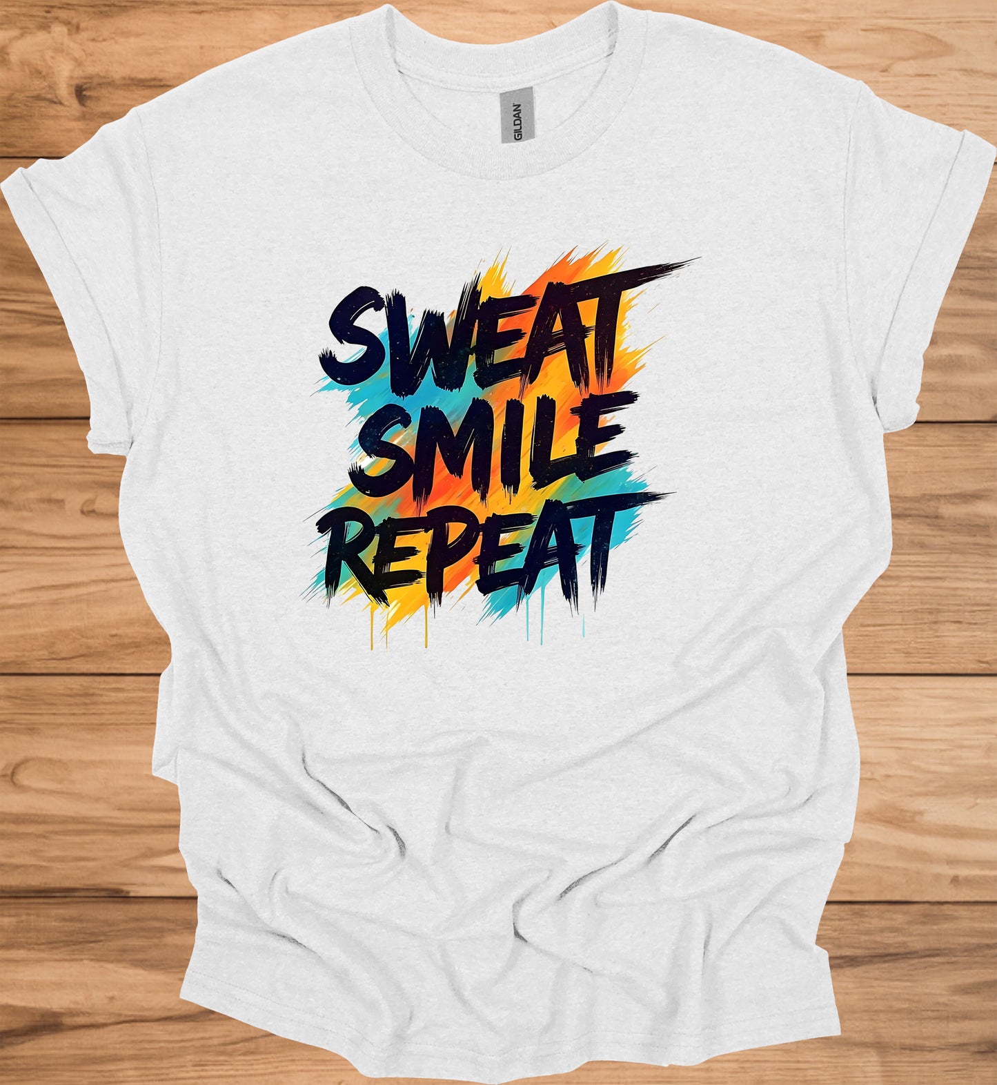 Sweat Smile Repeat: Motivational Fitness Quote, Graffiti Style Typography, Vibrant Colorful Background - Graphic Tee Shirt