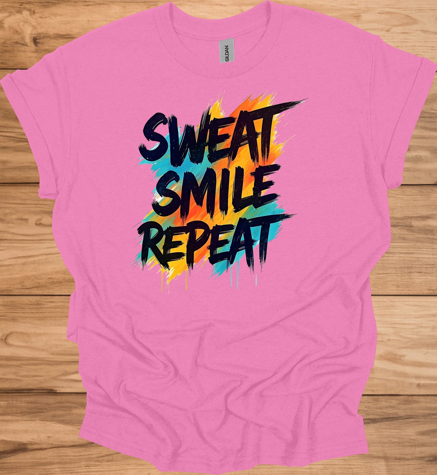 Sweat Smile Repeat: Motivational Fitness Quote, Graffiti Style Typography, Vibrant Colorful Background - Graphic Tee Shirt