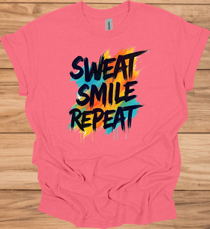 Sweat Smile Repeat: Motivational Fitness Quote, Graffiti Style Typography, Vibrant Colorful Background - Graphic Tee Shirt