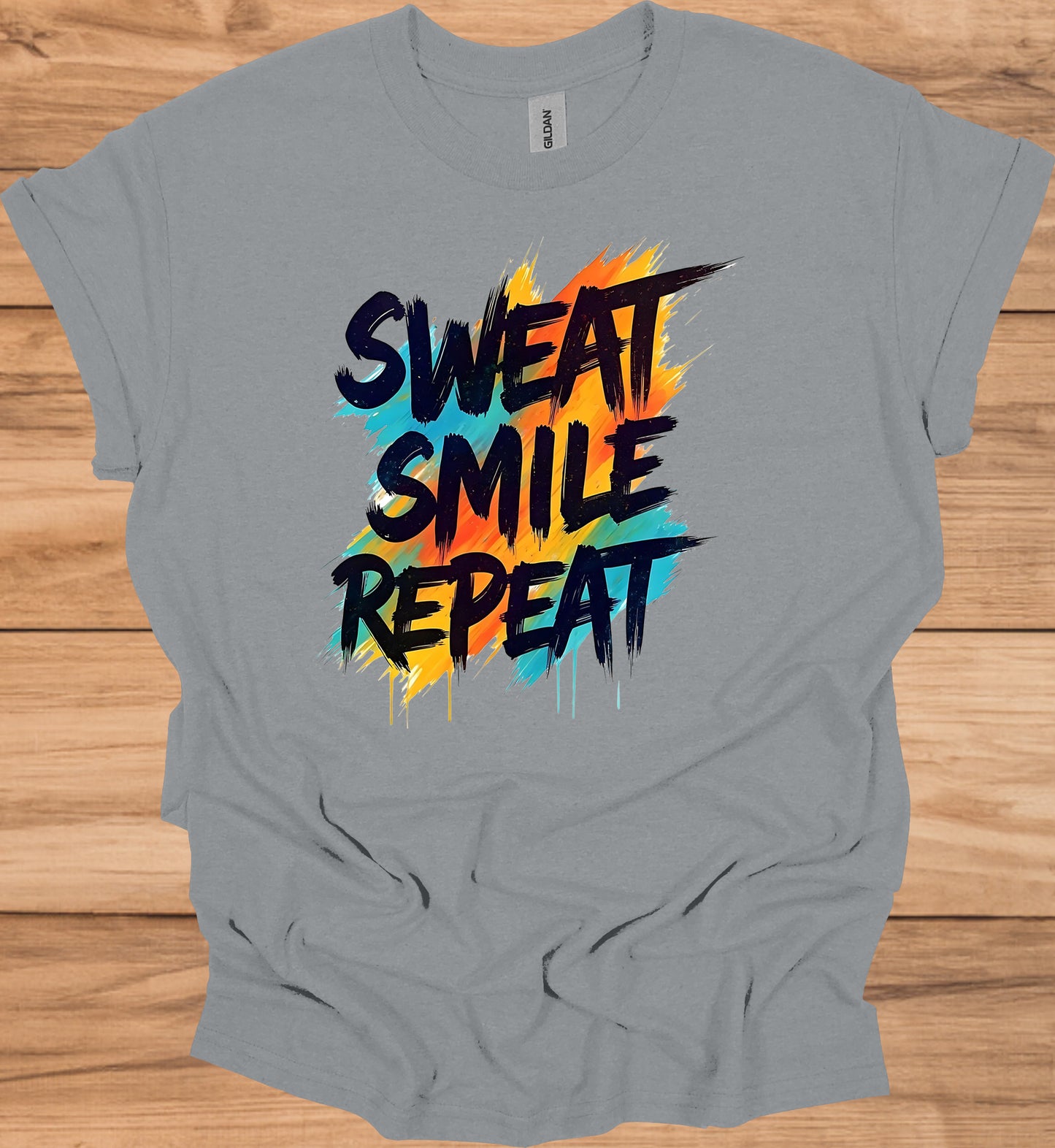 Sweat Smile Repeat: Motivational Fitness Quote, Graffiti Style Typography, Vibrant Colorful Background - Graphic Tee Shirt