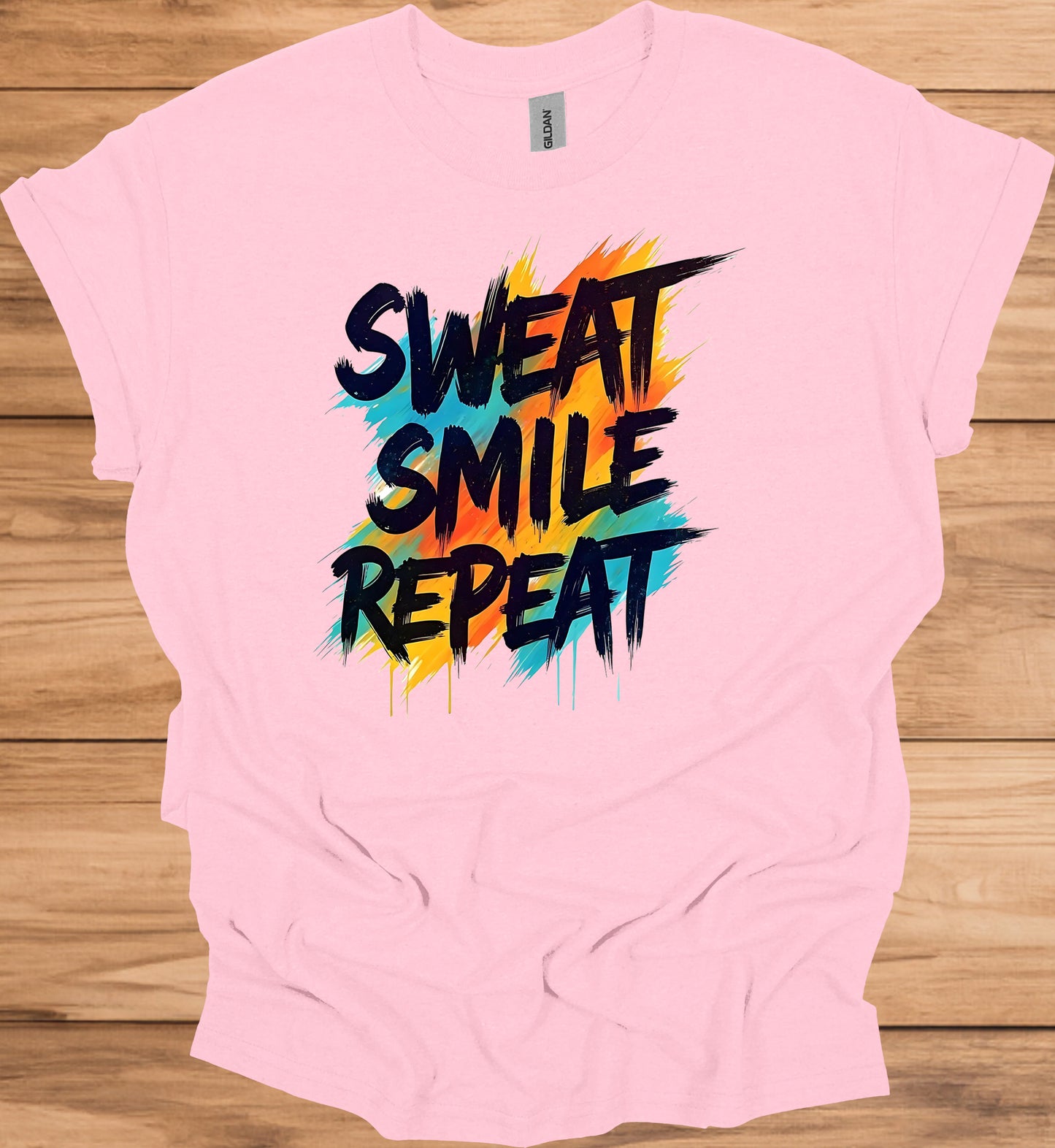 Sweat Smile Repeat: Motivational Fitness Quote, Graffiti Style Typography, Vibrant Colorful Background - Graphic Tee Shirt