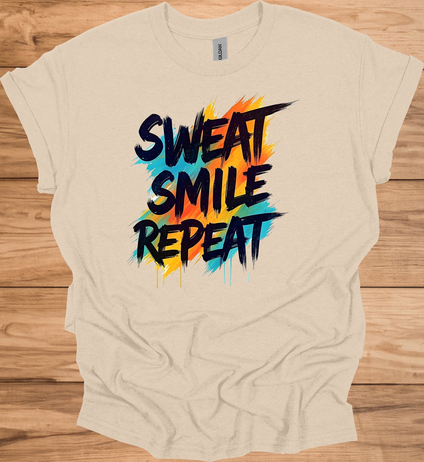 Sweat Smile Repeat: Motivational Fitness Quote, Graffiti Style Typography, Vibrant Colorful Background - Graphic Tee Shirt