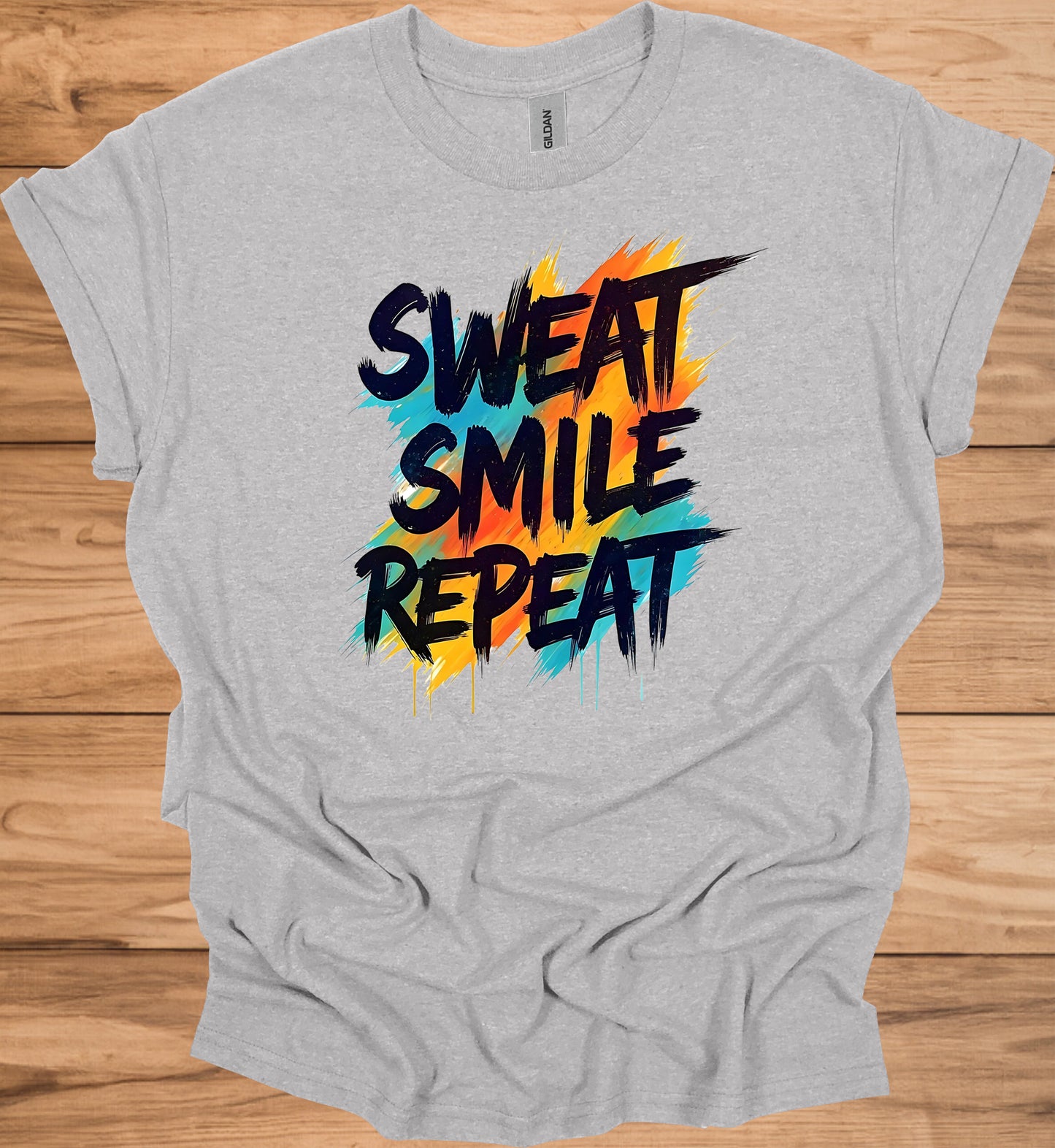 Sweat Smile Repeat: Motivational Fitness Quote, Graffiti Style Typography, Vibrant Colorful Background - Graphic Tee Shirt