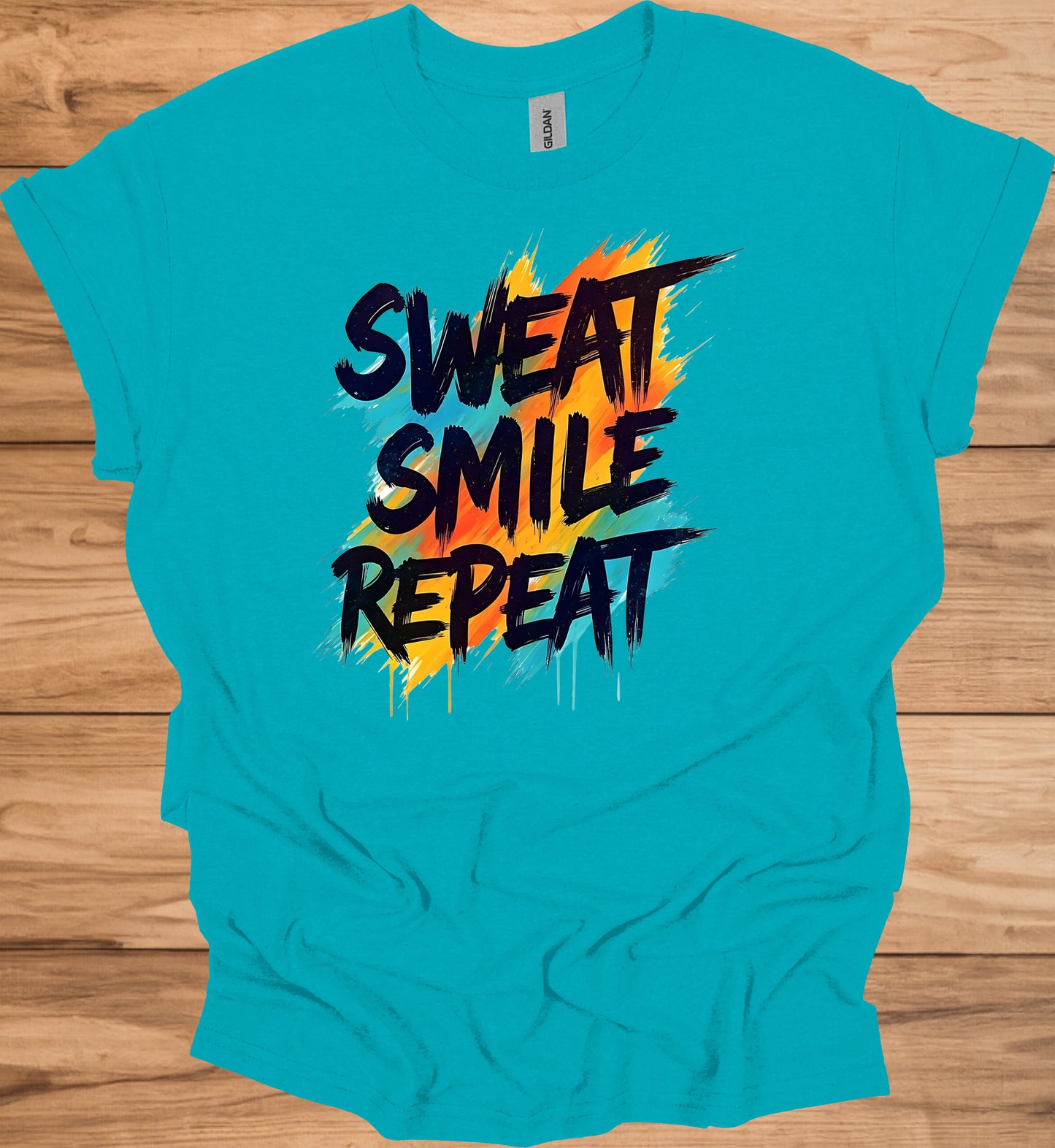 Sweat Smile Repeat: Motivational Fitness Quote, Graffiti Style Typography, Vibrant Colorful Background - Graphic Tee Shirt