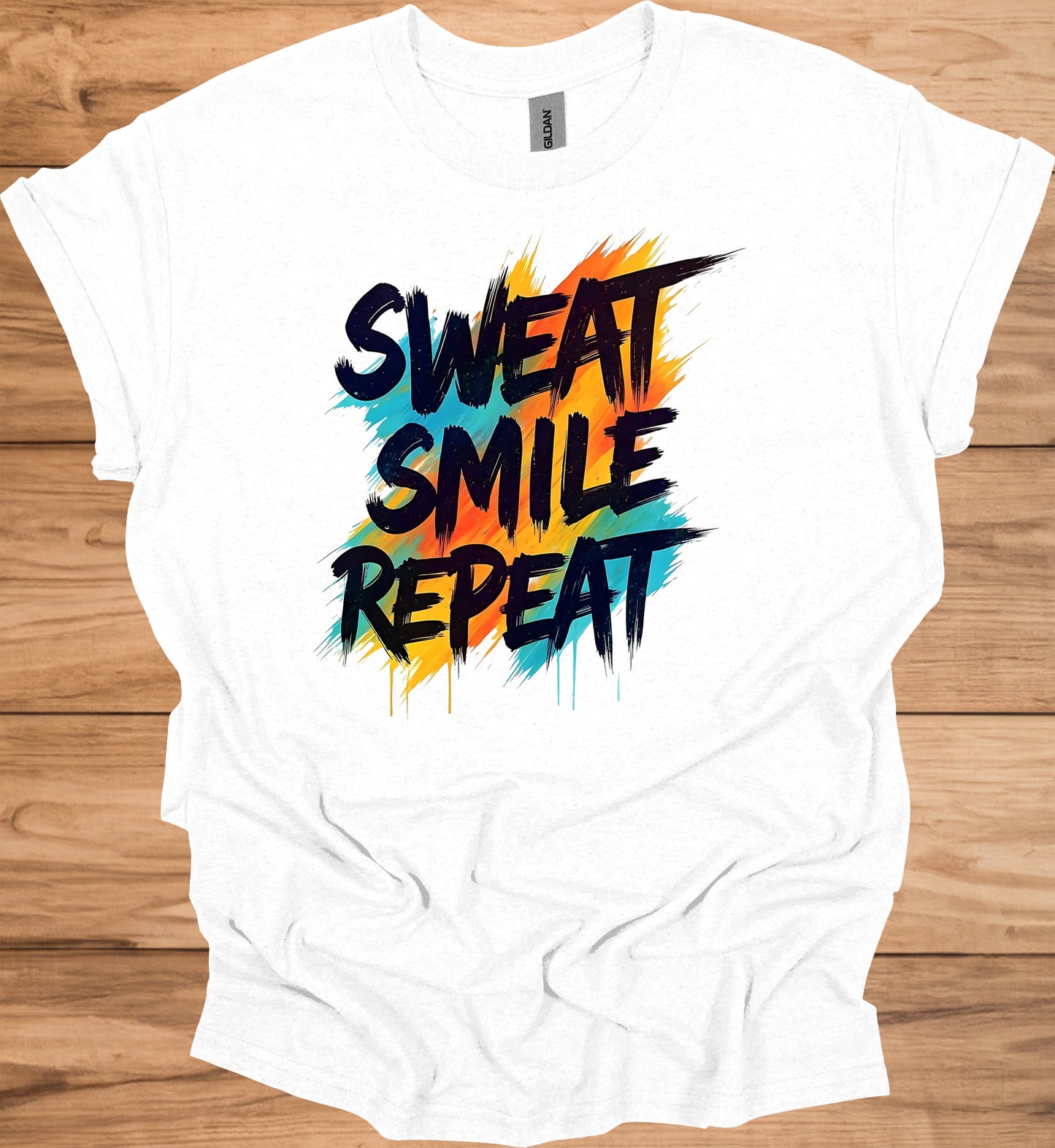 Sweat Smile Repeat: Motivational Fitness Quote, Graffiti Style Typography, Vibrant Colorful Background - Graphic Tee Shirt