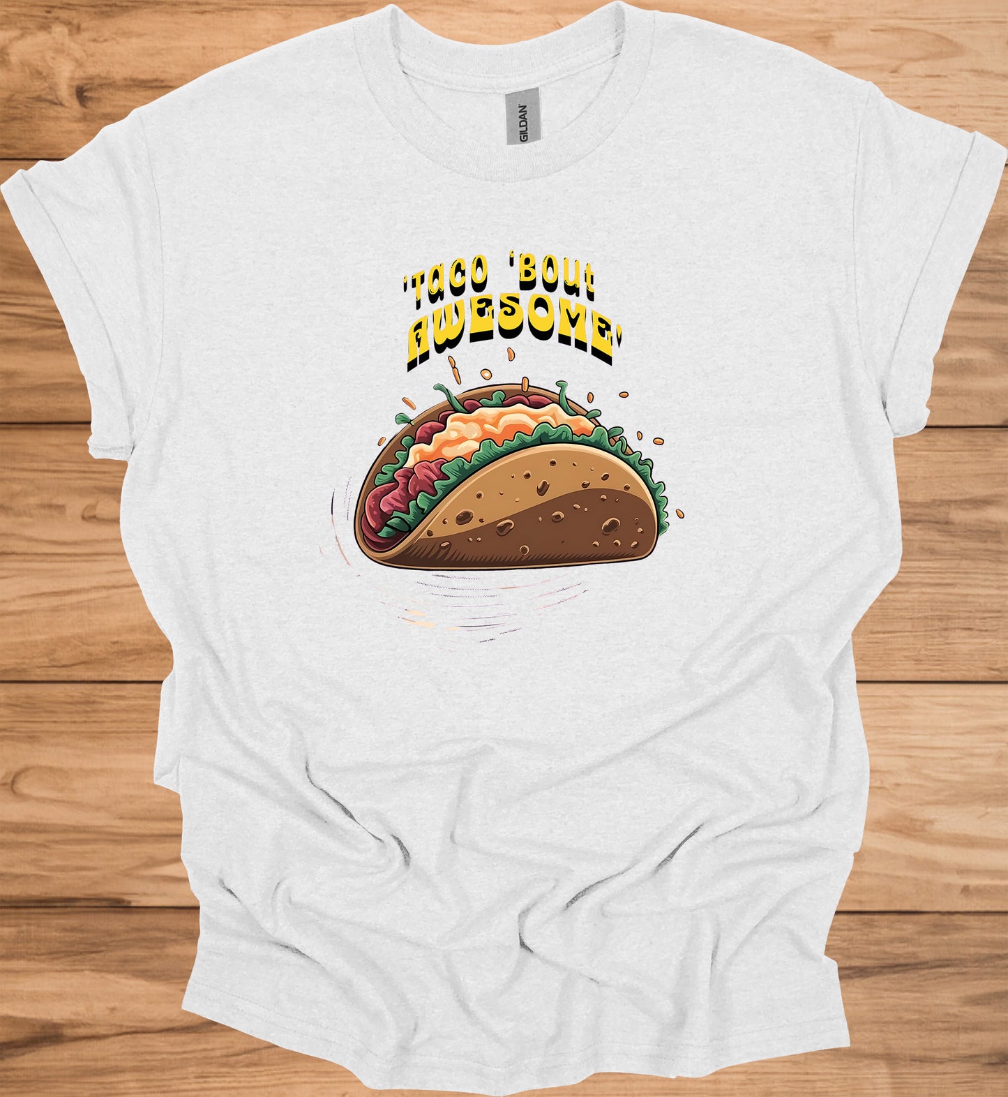 Taco 'Bout Awesome!: Vibrant Mexican Food Illustration, Cartoon Taco Graphic Design, Eye-Catching Menu Display Art - Graphic Tee Shirt