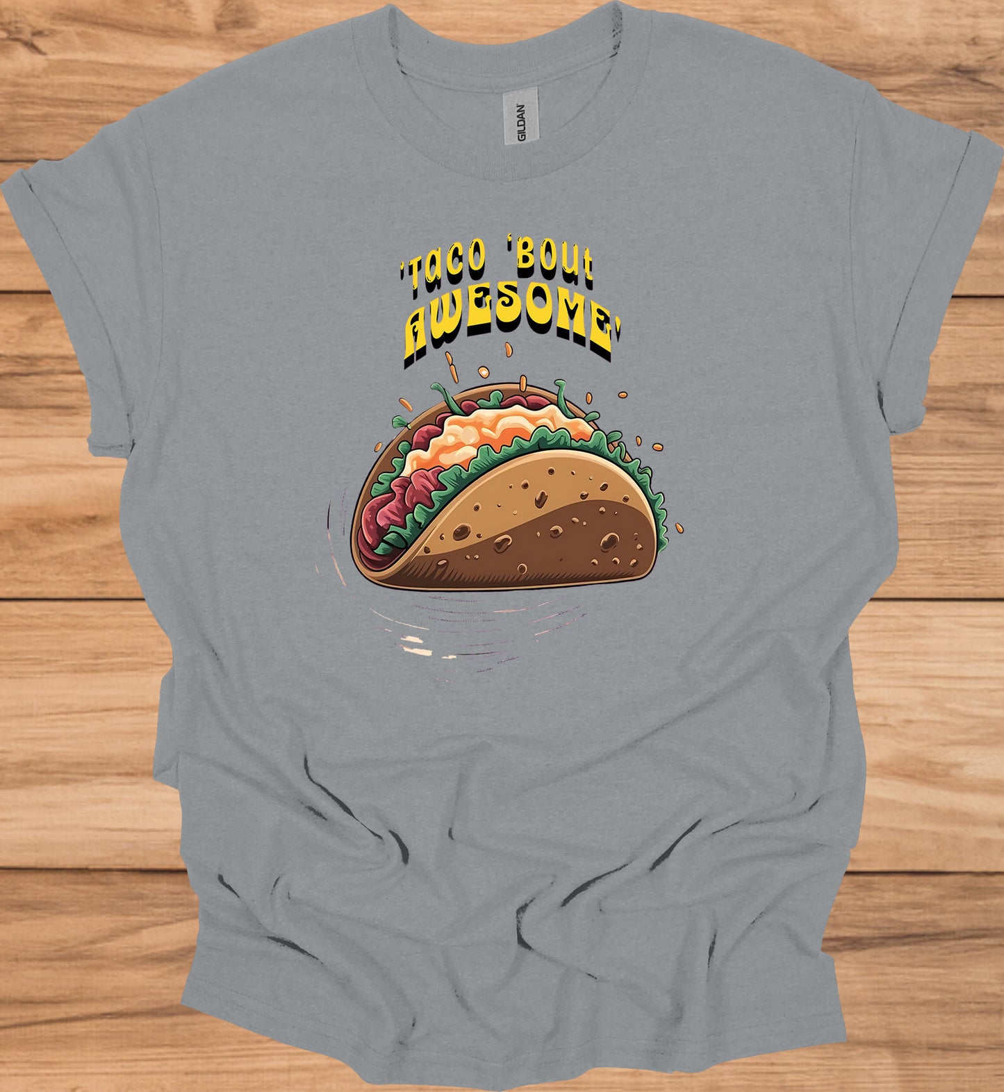 Taco 'Bout Awesome!: Vibrant Mexican Food Illustration, Cartoon Taco Graphic Design, Eye-Catching Menu Display Art - Graphic Tee Shirt