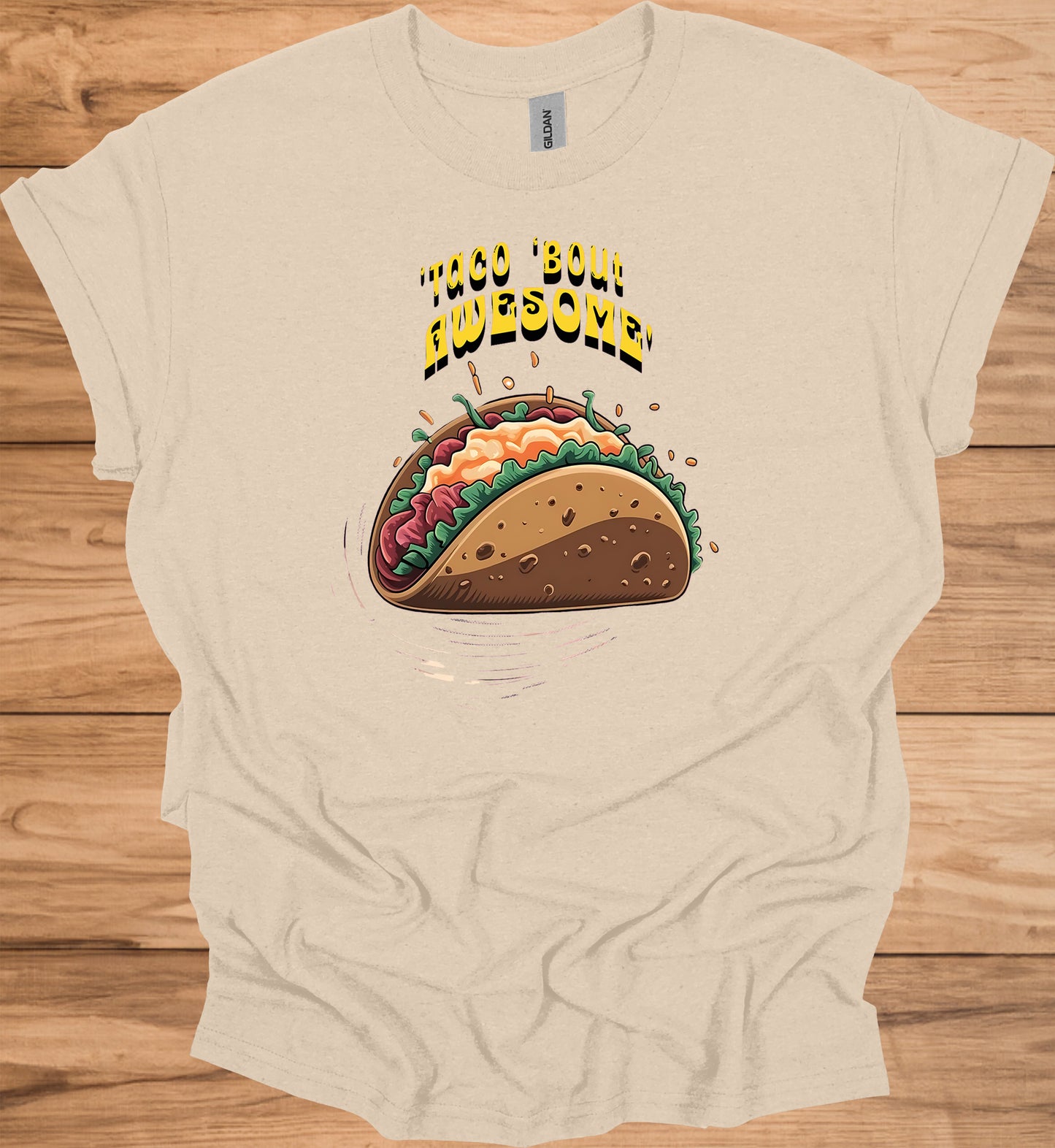 Taco 'Bout Awesome!: Vibrant Mexican Food Illustration, Cartoon Taco Graphic Design, Eye-Catching Menu Display Art - Graphic Tee Shirt