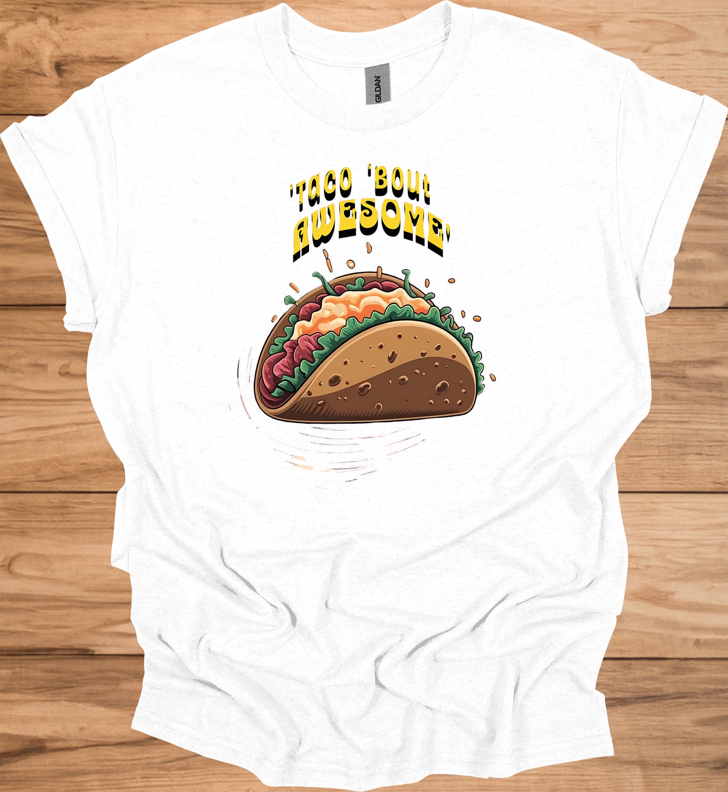 Taco 'Bout Awesome!: Vibrant Mexican Food Illustration, Cartoon Taco Graphic Design, Eye-Catching Menu Display Art - Graphic Tee Shirt