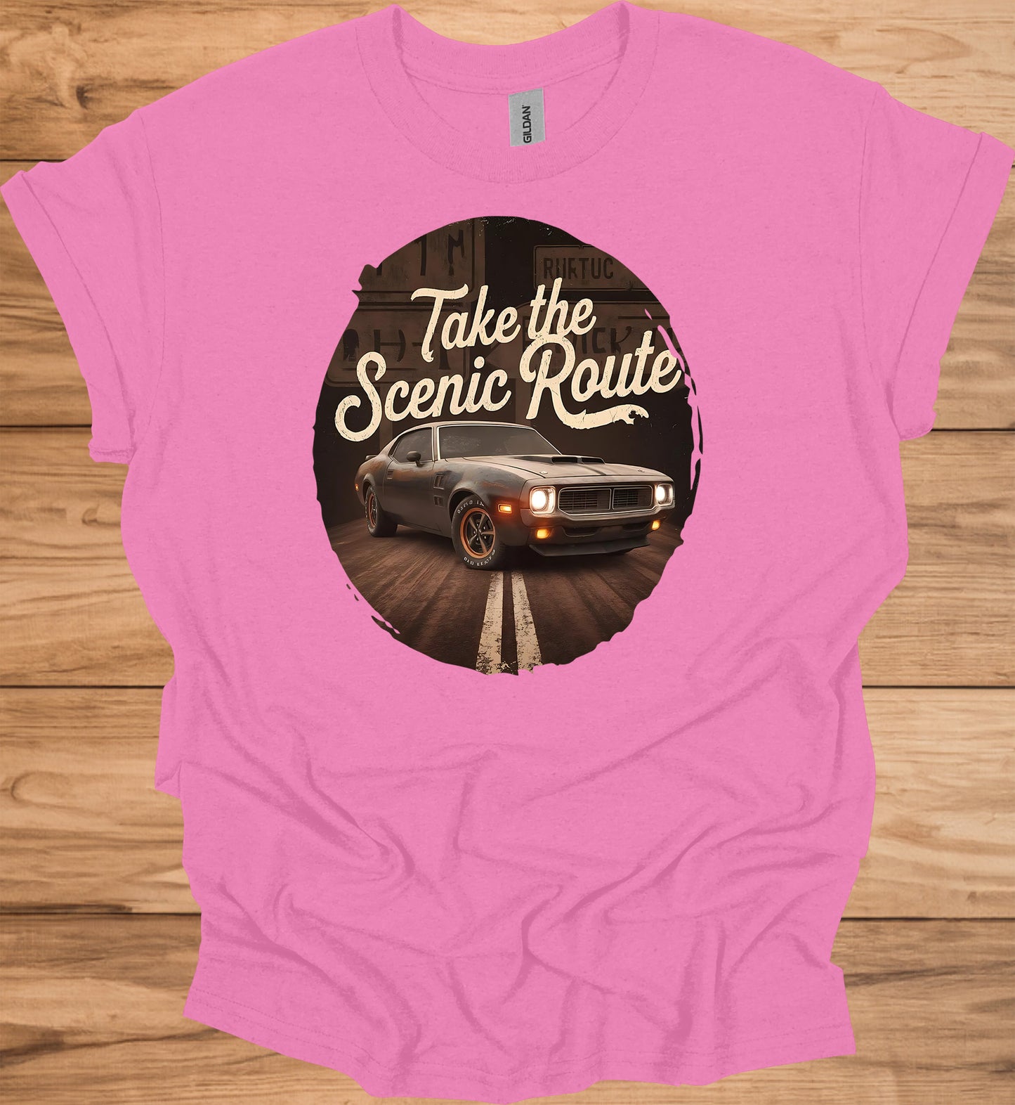 Take the Scenic Route: Vintage Muscle Car Art, Retro Automotive Design, American Road Trip Nostalgia - Graphic Tee Shirt