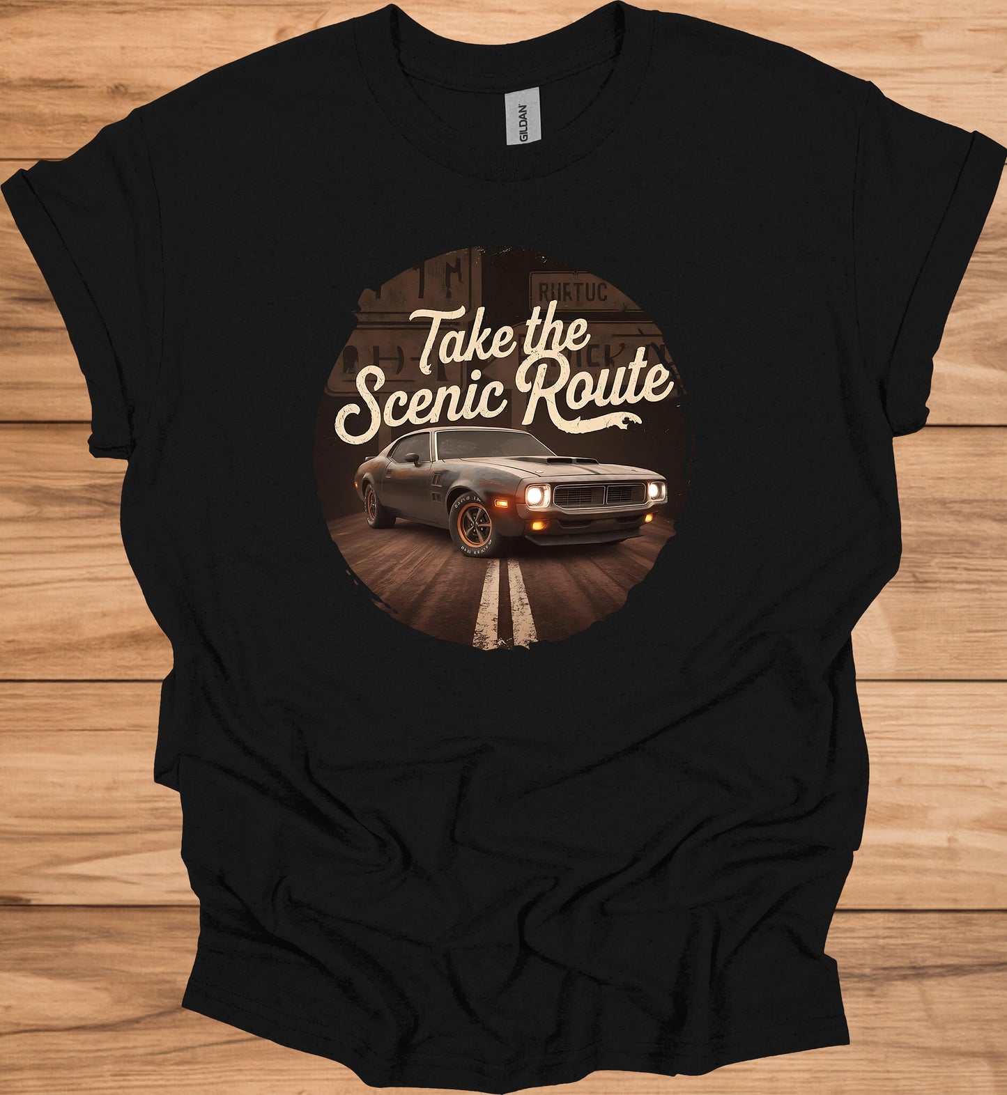 Take the Scenic Route: Vintage Muscle Car Art, Retro Automotive Design, American Road Trip Nostalgia - Graphic Tee Shirt