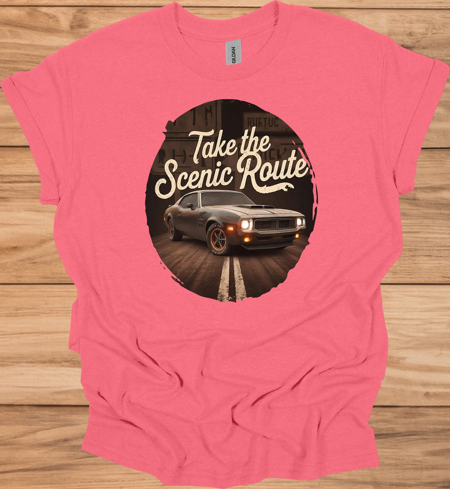 Take the Scenic Route: Vintage Muscle Car Art, Retro Automotive Design, American Road Trip Nostalgia - Graphic Tee Shirt