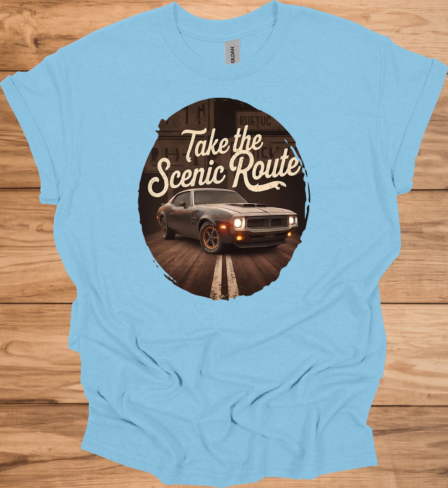 Take the Scenic Route: Vintage Muscle Car Art, Retro Automotive Design, American Road Trip Nostalgia - Graphic Tee Shirt
