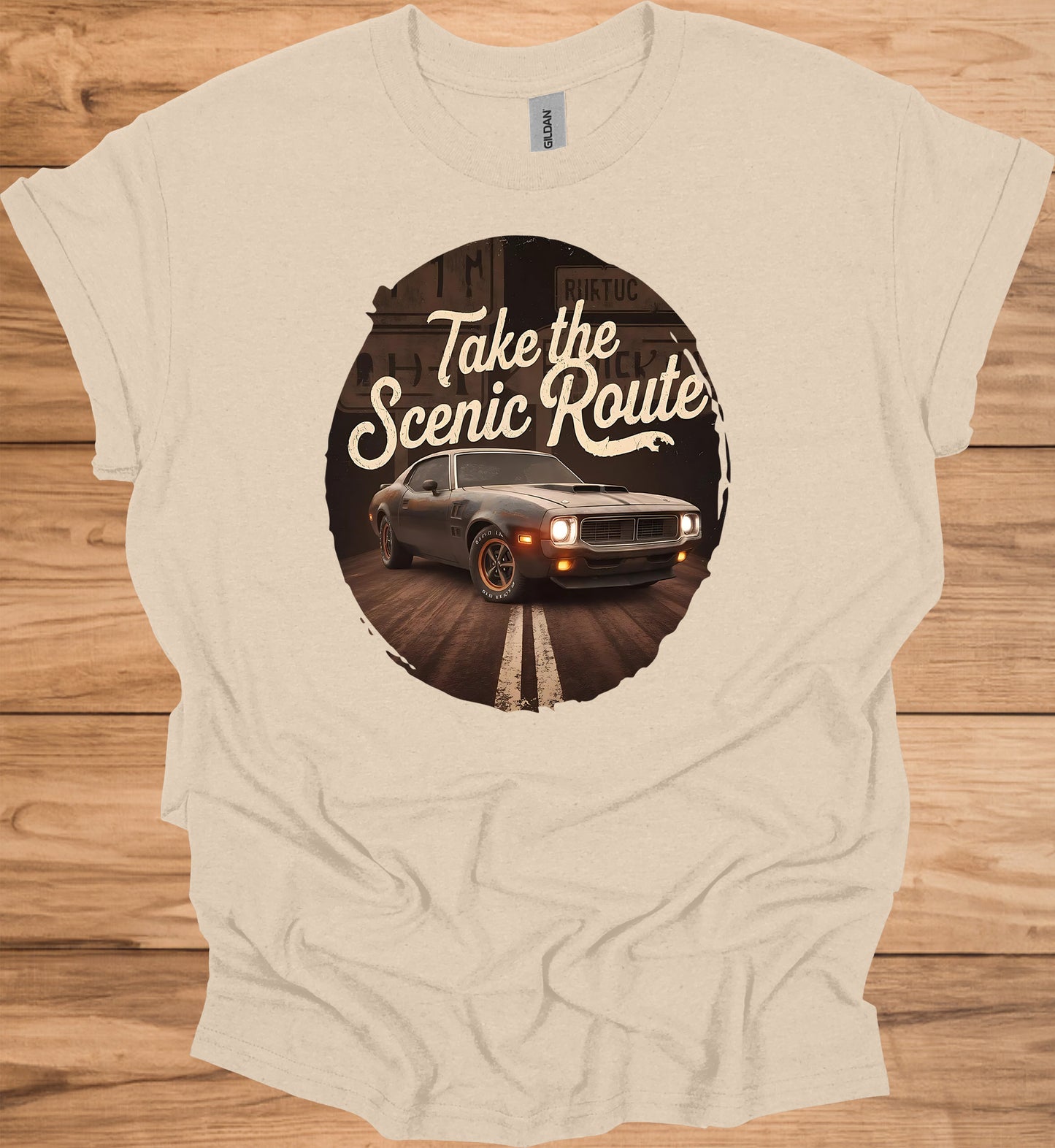 Take the Scenic Route: Vintage Muscle Car Art, Retro Automotive Design, American Road Trip Nostalgia - Graphic Tee Shirt