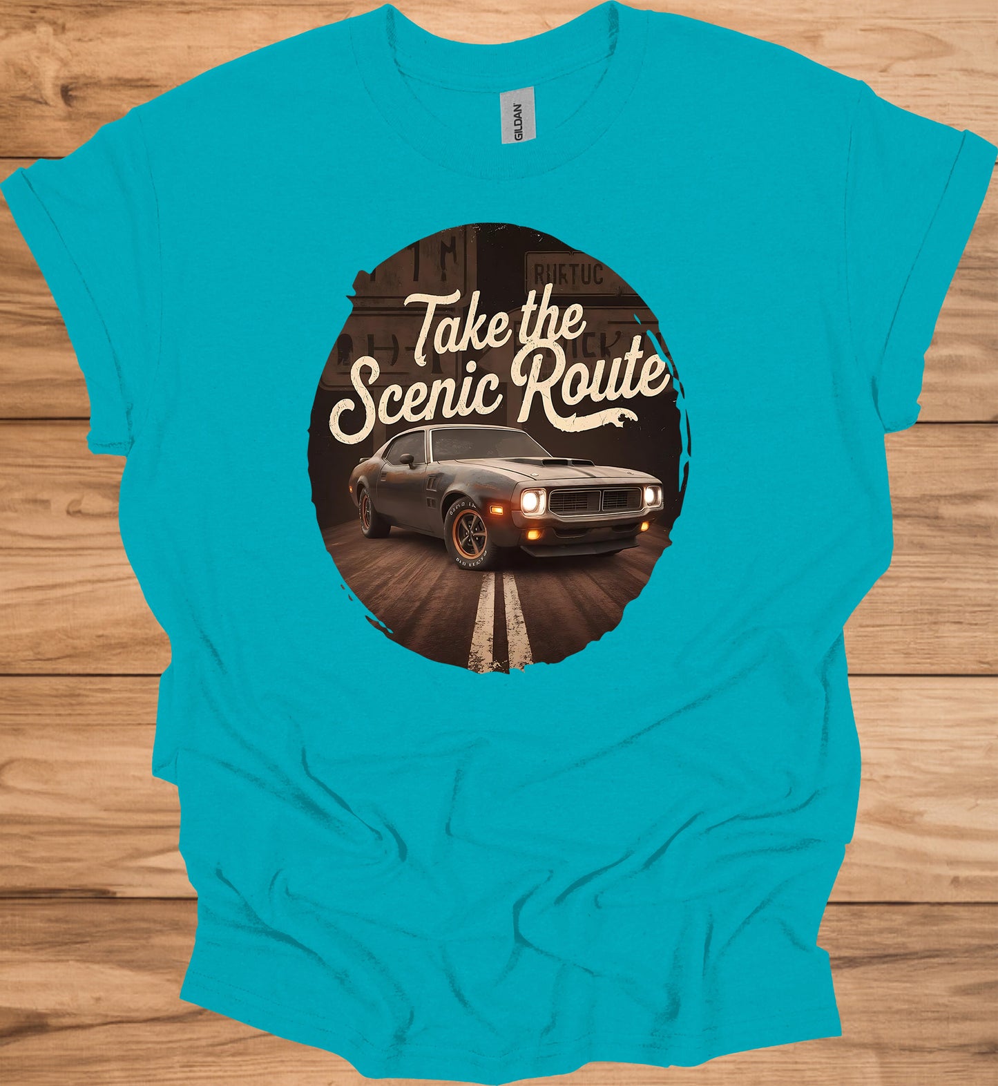 Take the Scenic Route: Vintage Muscle Car Art, Retro Automotive Design, American Road Trip Nostalgia - Graphic Tee Shirt
