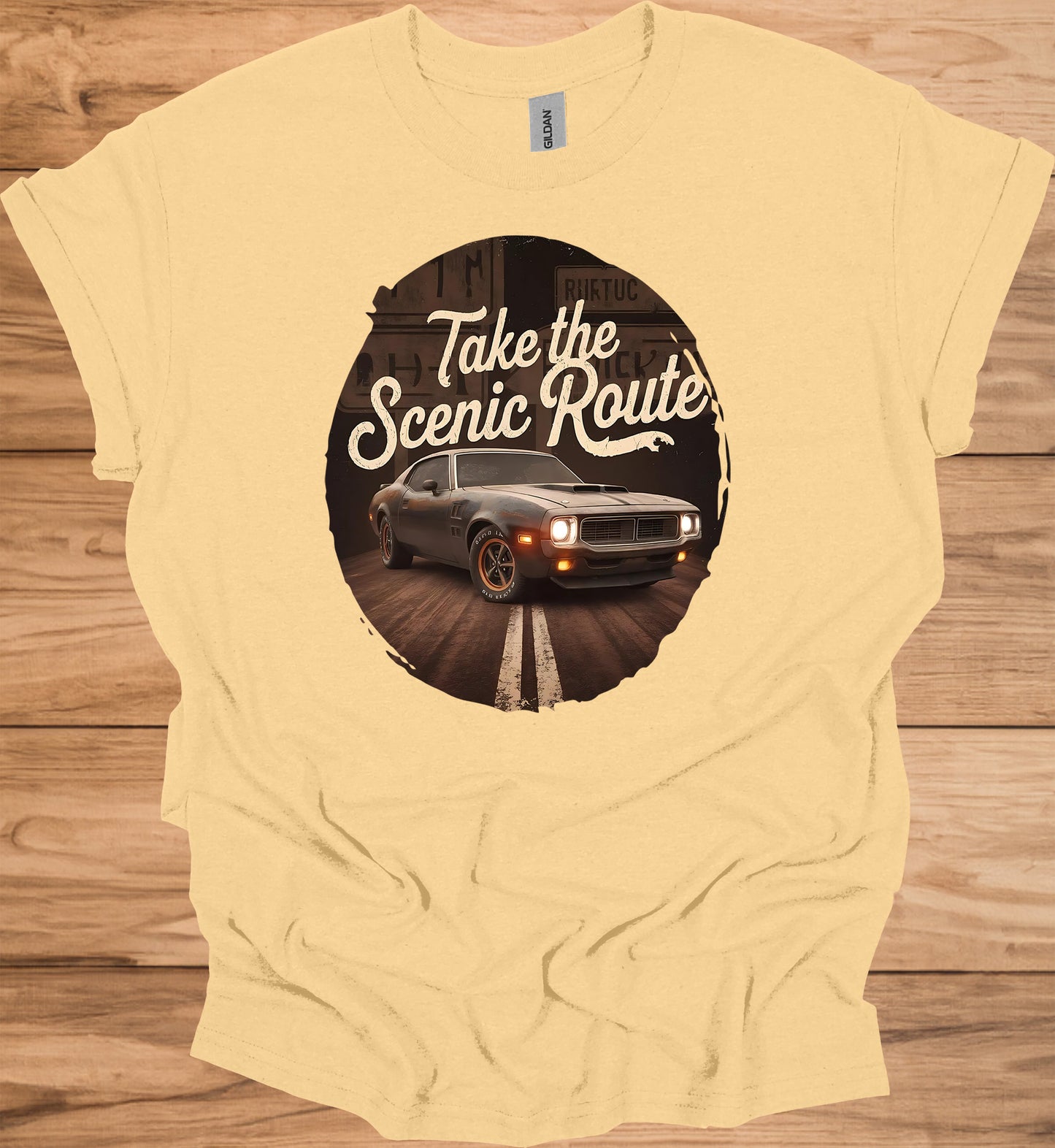 Take the Scenic Route: Vintage Muscle Car Art, Retro Automotive Design, American Road Trip Nostalgia - Graphic Tee Shirt