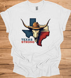 Texas Strong: Lone Star Pride, Longhorn Skull Art, Patriotic Cowboy Heritage - Graphic Tee Shirt