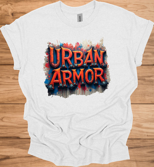 Urban Armor: Graffiti-Inspired Typography, Street Art Aesthetic, Metallic 3D Text Design - Graphic Tee Shirt