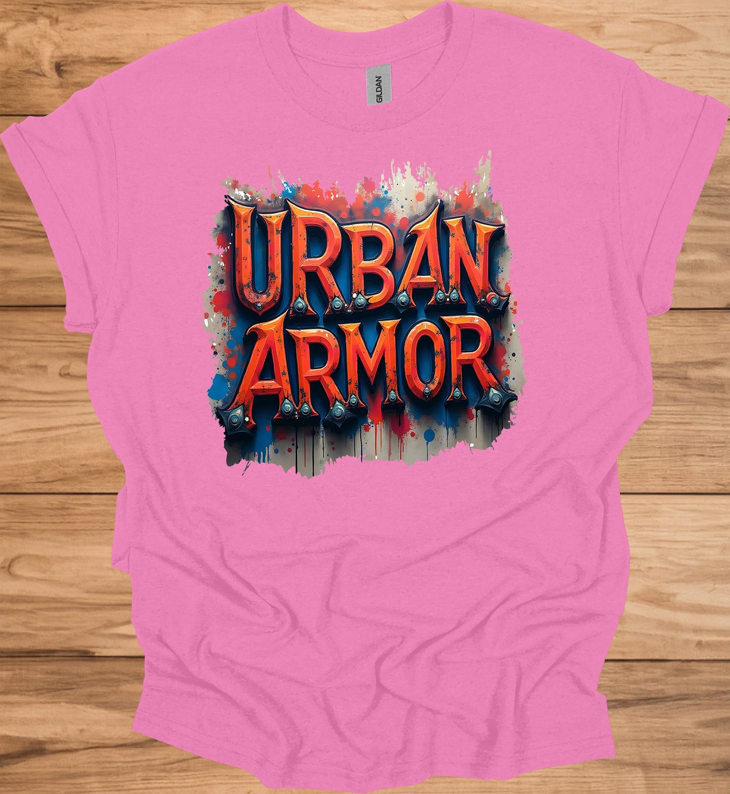 Urban Armor: Graffiti-Inspired Typography, Street Art Aesthetic, Metallic 3D Text Design - Graphic Tee Shirt