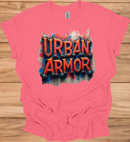 Urban Armor: Graffiti-Inspired Typography, Street Art Aesthetic, Metallic 3D Text Design - Graphic Tee Shirt