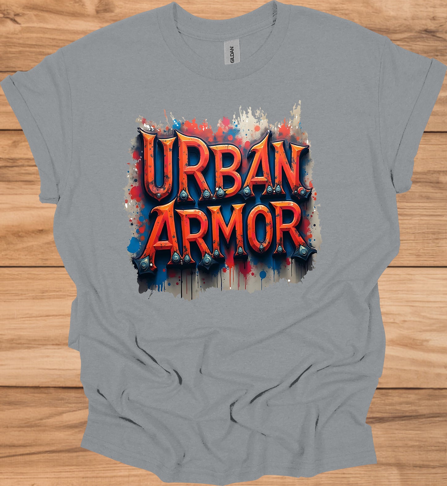 Urban Armor: Graffiti-Inspired Typography, Street Art Aesthetic, Metallic 3D Text Design - Graphic Tee Shirt