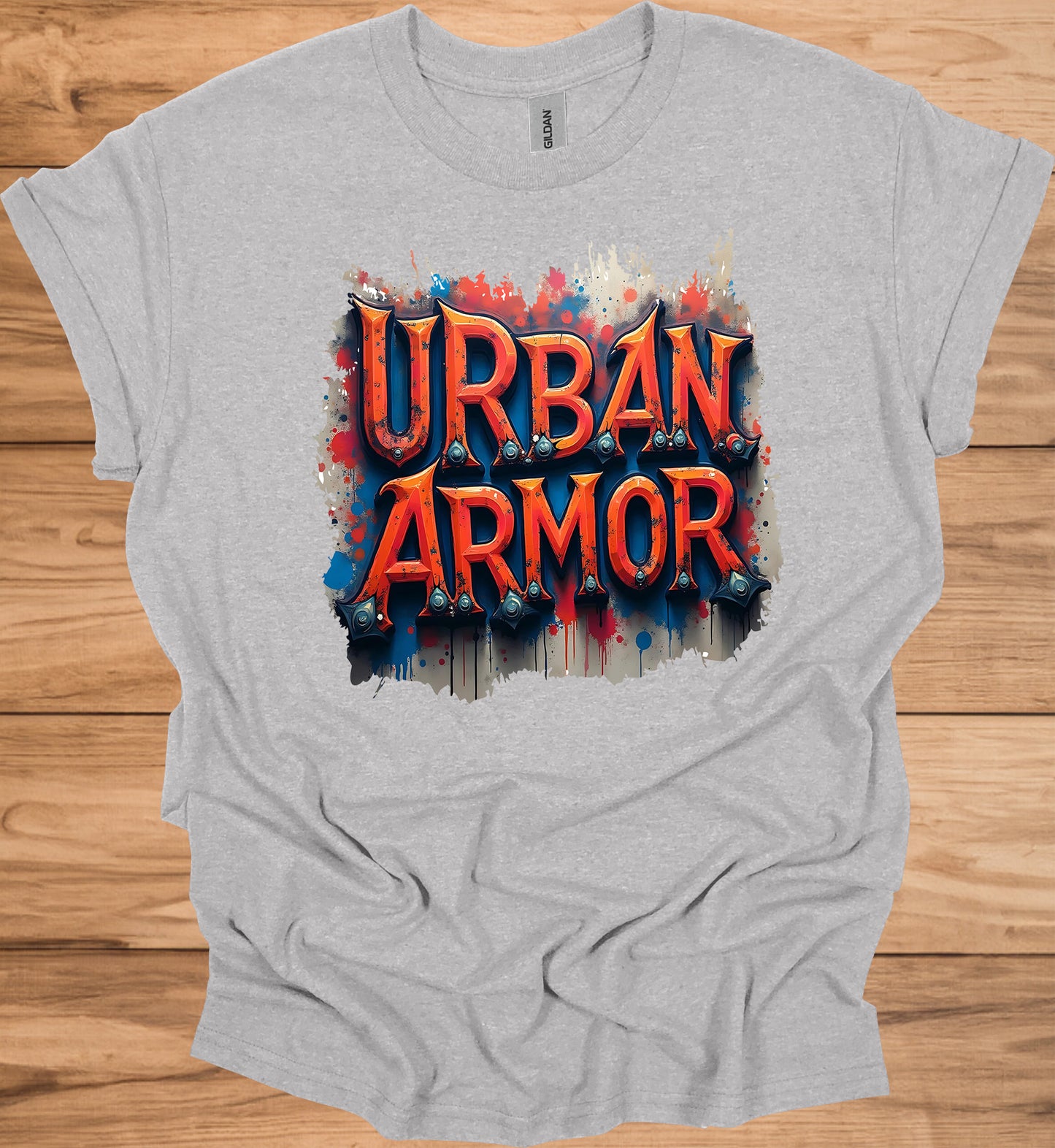 Urban Armor: Graffiti-Inspired Typography, Street Art Aesthetic, Metallic 3D Text Design - Graphic Tee Shirt