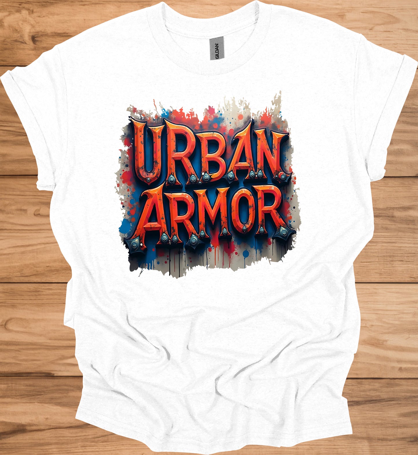 Urban Armor: Graffiti-Inspired Typography, Street Art Aesthetic, Metallic 3D Text Design - Graphic Tee Shirt