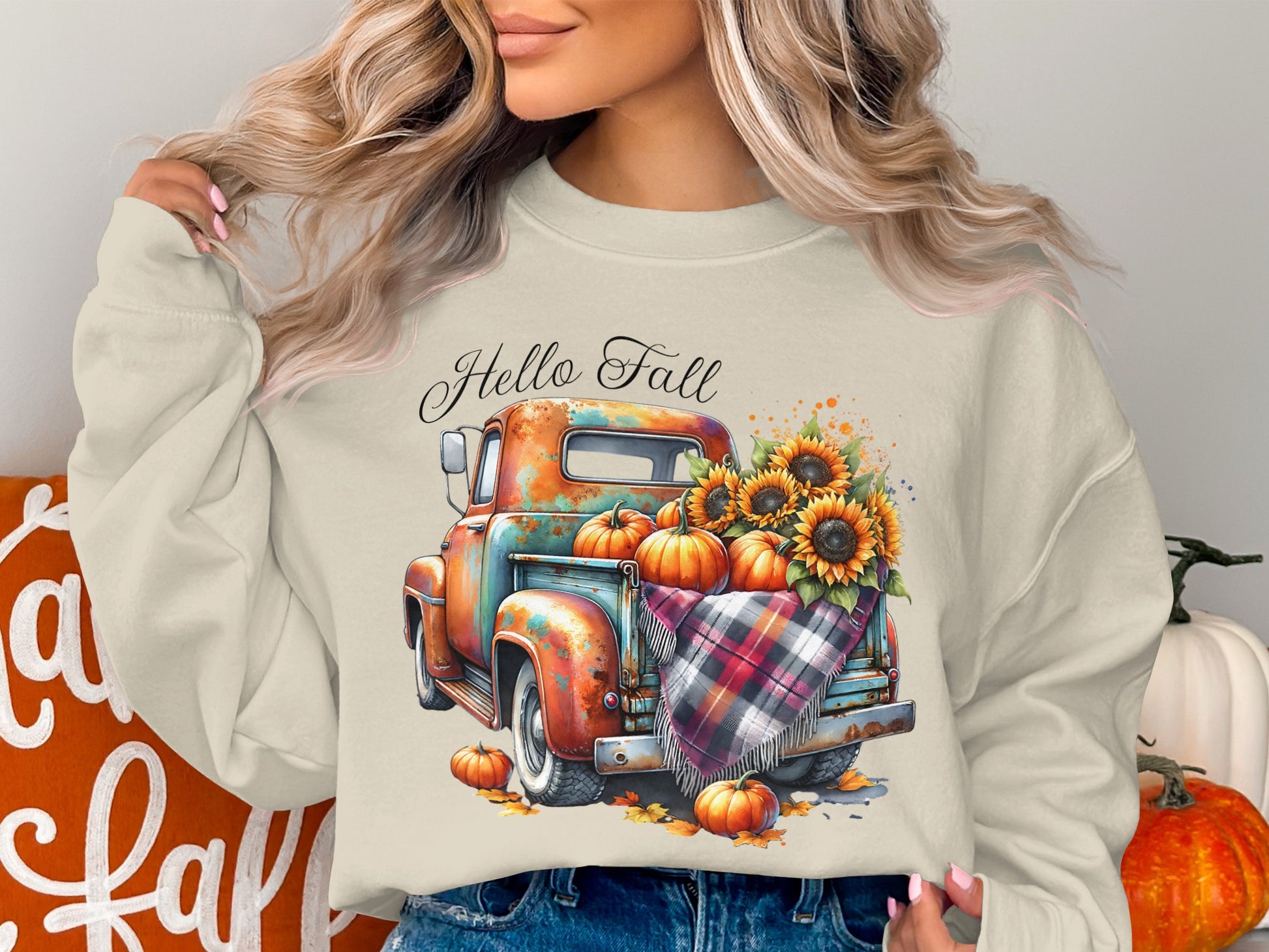 Hello Fall Pumpkin Vintage Truck Print Sweatshirt product