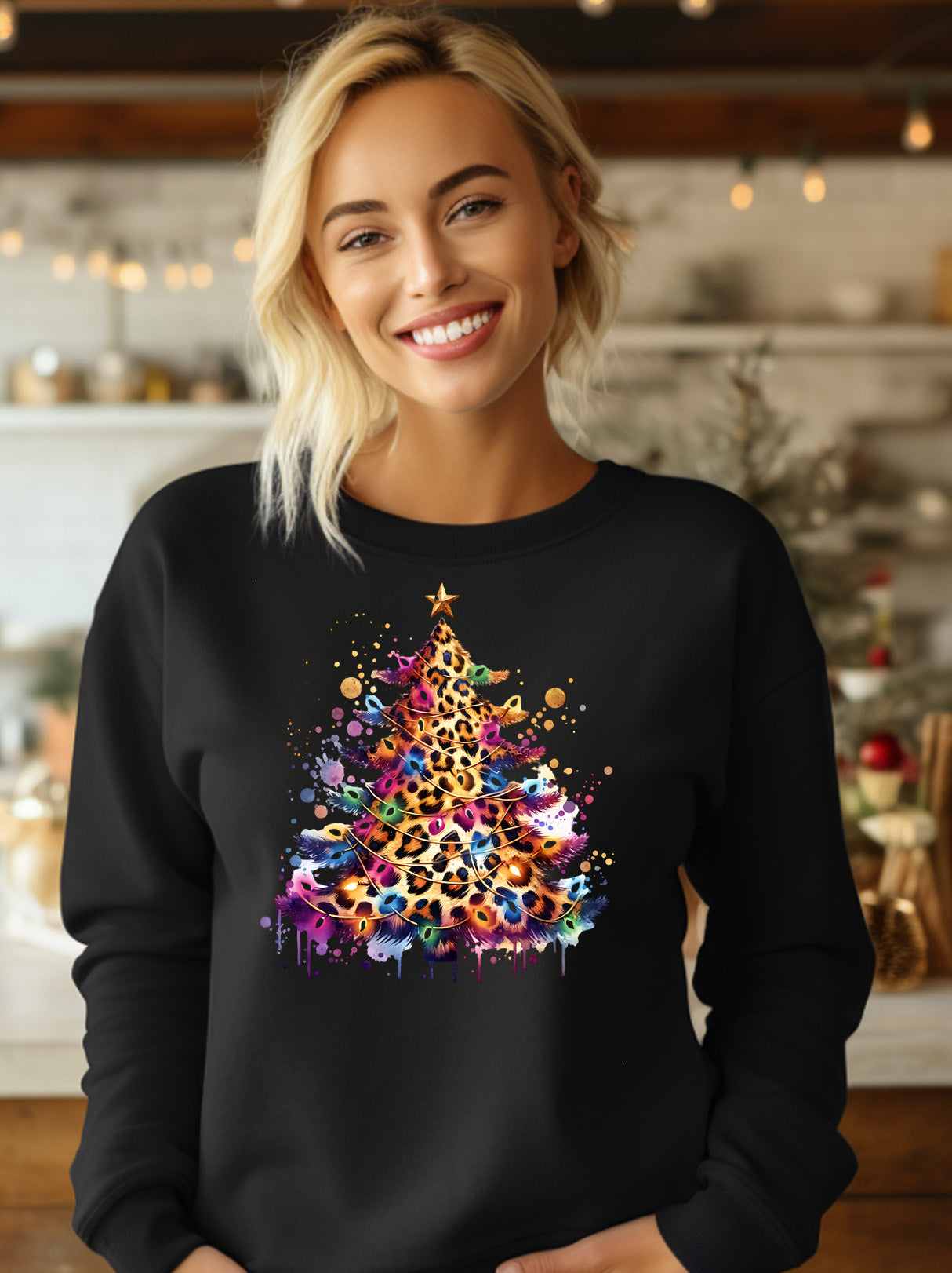 Leopard Print Christmas Tree With Lights Fun Holiday Sweatshirt