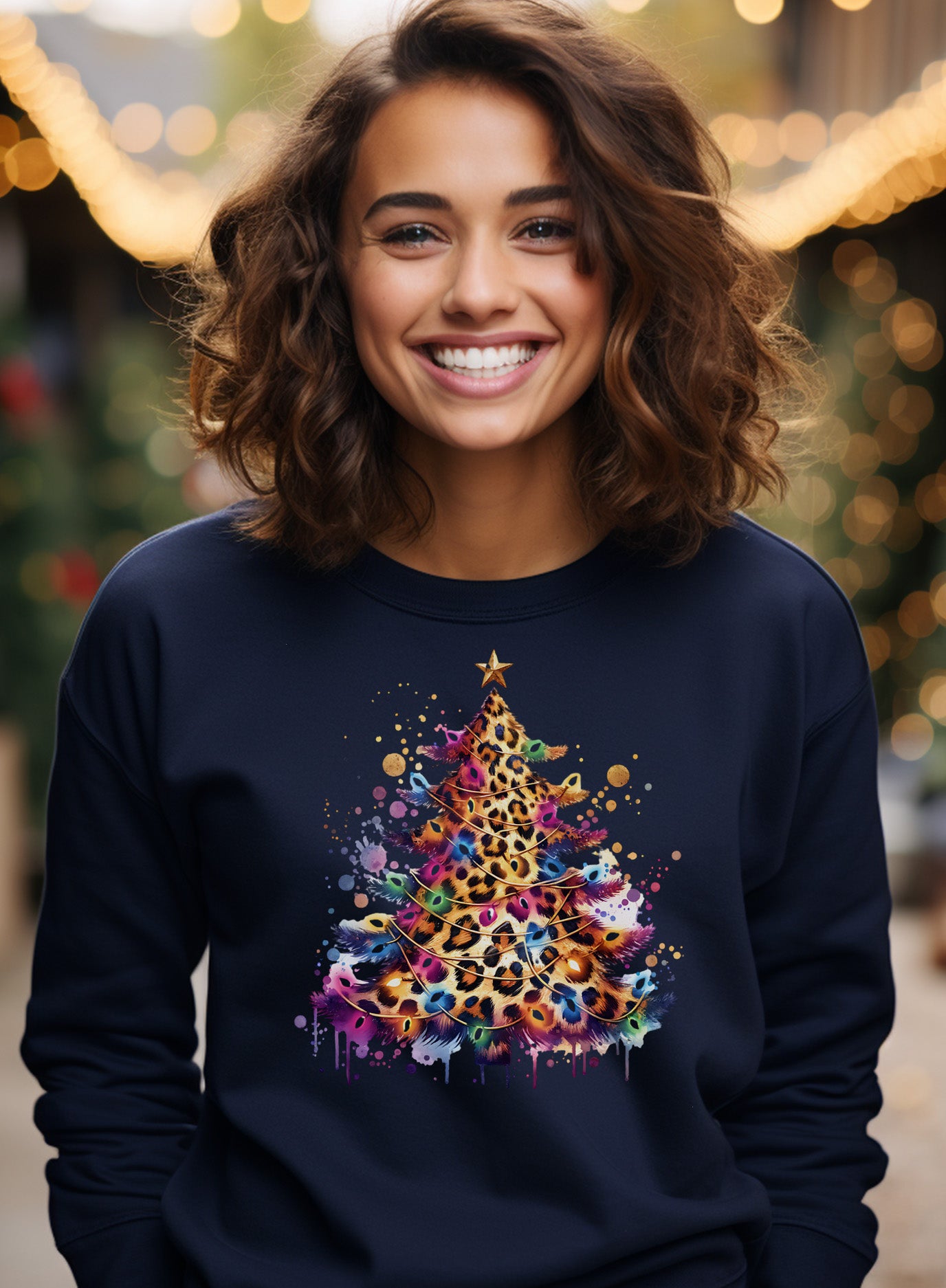 Leopard Print Christmas Tree With Lights Fun Holiday Sweatshirt