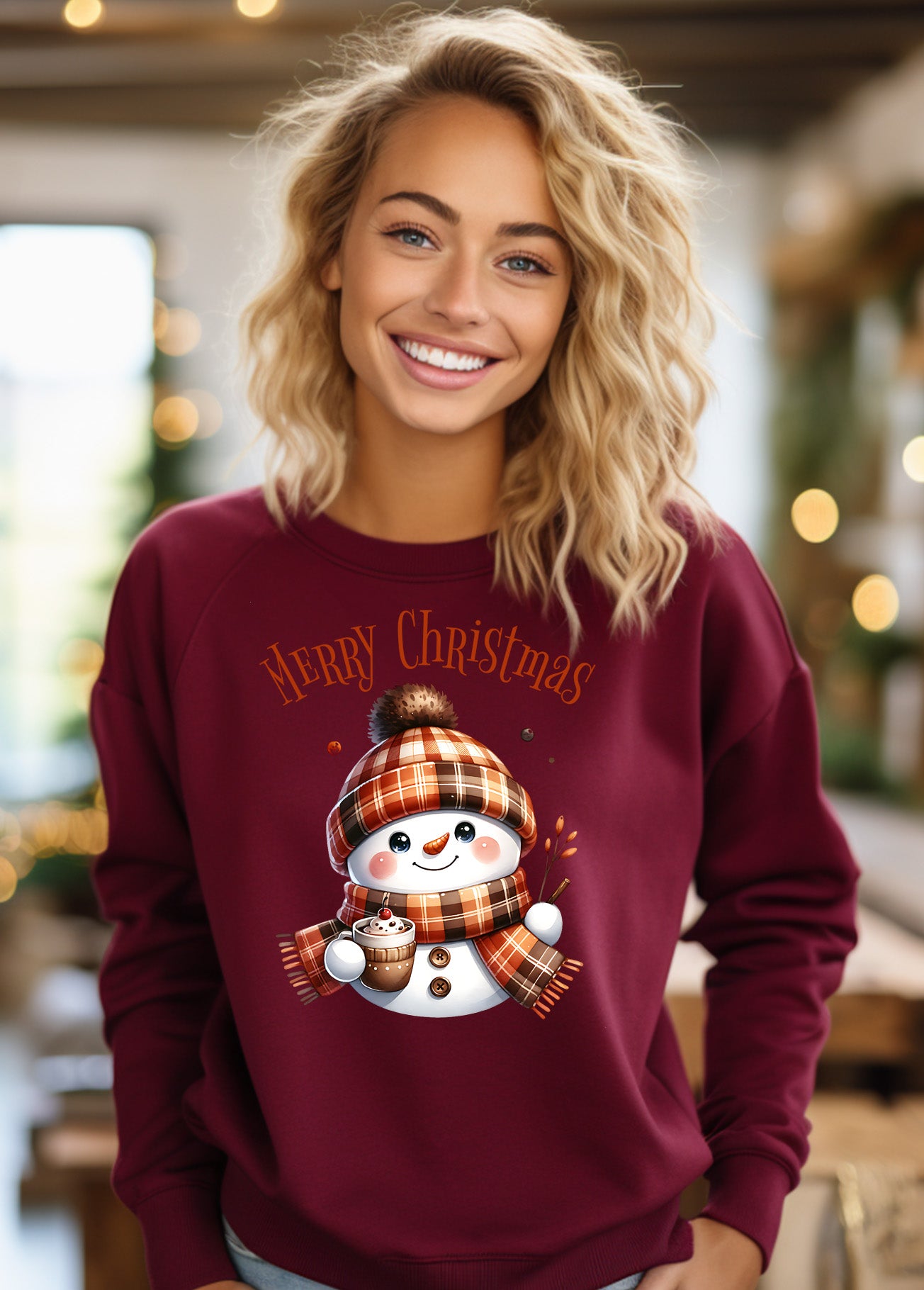 Merry Christmas Cute Snowman with Cocoa Graphic Sweatshirt